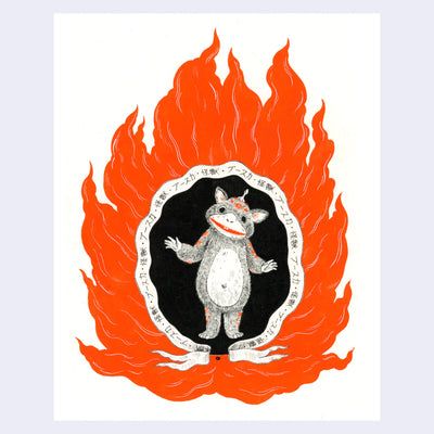Black and white illustration of Booska, a kaiju that looks like a furry rat alien with a small antennae coming out its head. It is surrounded with bright orange flames.