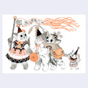 Illustration of three cats in costumes walking in a parade line, the first cat holds a post with a flowing flag with decorative elements. A tiny cat is behind, holding up a candle to another cat's tail.
