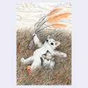 Illustration in muted orange, brown and cream colored tones of a cartoon cat laying on their back in a grass field. Beside them is a small cartoon kitten who holds a frog.