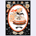 Illustration of a cat in a vintage dress with floral decorations on a decorative background.