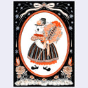 Illustration of a white cat in a black and orange dress with flowers and stars in the background