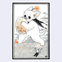 Illustration of a cartoon cat running with a large egg while a surprised small mouse standsby, exclaiming.