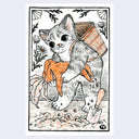 Illustration of a cat carrying a basket on its back and holding onto a crying daikon character, who dramatically flops over in the cat's hands.