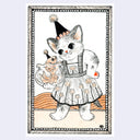Illustration of a cat in a dress holding a fishbowl with a goldfish popping out.