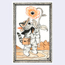 Illustration of a cat holding a very large flower with an eye at its center, looking back at the cat. Background is a open desert landscape.