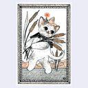 Illustration of a cat holding cattails with a small flower, framed by decorative elements.