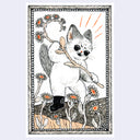 Illustration of a cat holding a curved staff with flowers growing off of it.