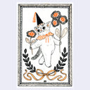 Illustration of a cat holding flowers in each hand, standing and looking at one of the blooms. 