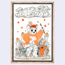 Illustration of a cat in an orange sweater with a paintbrush, holding a canvas under their arms. They stand in a blossoming garden with a one eyed daikon creature, under clouds.