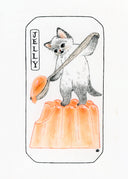 Black ink illustration on white paper of a cat standing and holding a large wooden spoon, scooping a molded orange jelly.