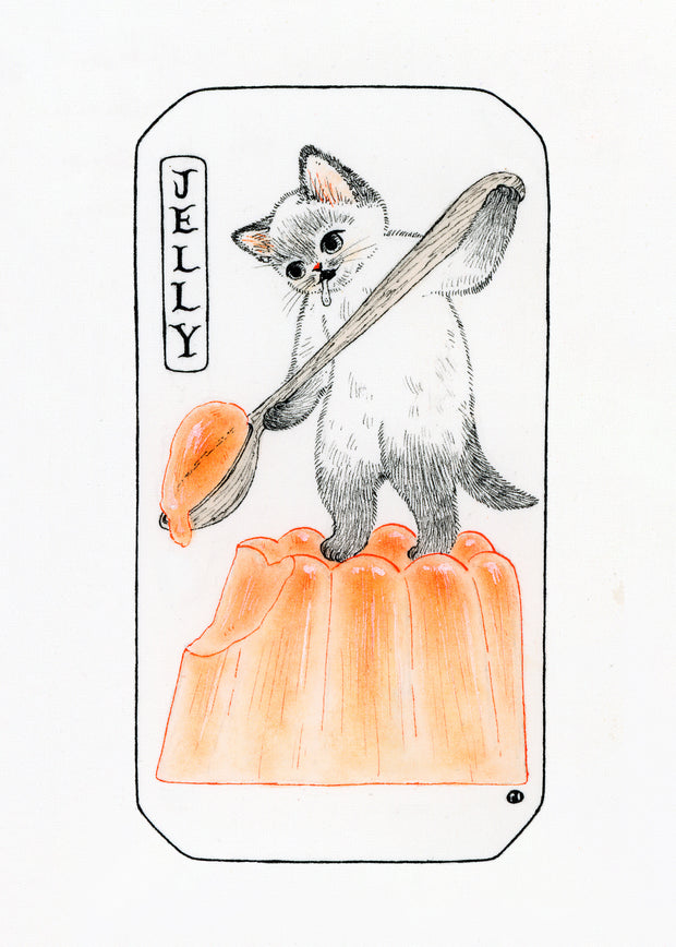Black ink illustration on white paper of a cat standing and holding a large wooden spoon, scooping a molded orange jelly.