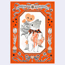 Illustration in orange, white and black of a cute cat standing on its hind legs like a person, wearing a fabric collar and holding a wrapped present. A flower shaped like a heart blooms behind and a small star character peeks out behind the cat's leg. Piece is bordered by an innately drawn design of florals, bows and stars.