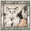 Illustration of a cat shining a flashlight up at its face, sticking its tongue out with a scared radish character looking at it.