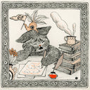 Illustration of a cat drawing at a desk, looking very stressed with books and a daikon character rooting it on.