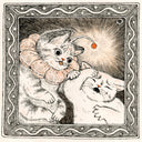 Illustration of 2 cartoon cats, one is akin to a bug with a glowing light coming off its forehead, shining down onto the other cat.