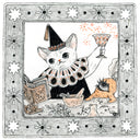 Illustration of a cat magician, creating a potion with ground up herbs and a book for reference.