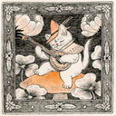 Illustration of a cat playing a guitar with flowers and decorative elements around