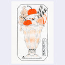 A whimsical illustration of a cat nestled inside a milkshake sundae, topped with two bright red cherries and striped waffle sticks, on a white background with a thin black border.
