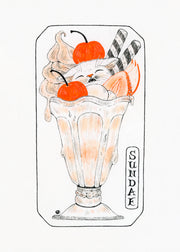 Ink illustration on white paper of a cat nestled into a sundae, with cherries, strawberries, wafer straws and a scoop of ice cream.