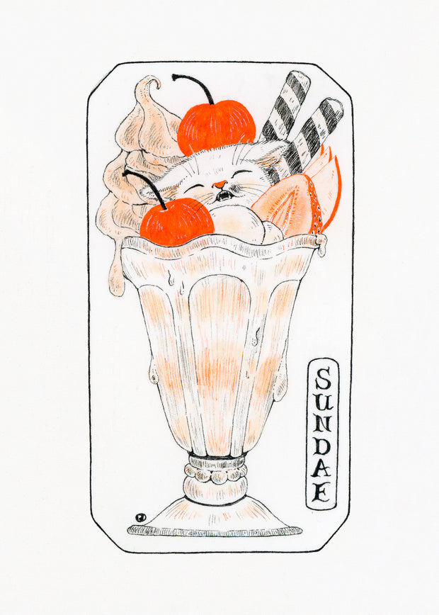 Ink illustration on white paper of a cat nestled into a sundae, with cherries, strawberries, wafer straws and a scoop of ice cream.