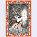 Illustration of a cat wearing a flowy fabric dress and writing a glyph with a very large, gnarled branch. The piece has an ornately drawn border.