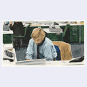 Painting based on a film still from All the Presidents Men of a blonde man sitting at a desk in an office and slightly leaned forward, on the phone.