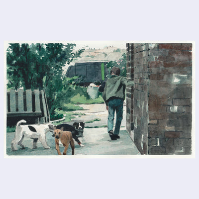 Painting based on a film still from Kes of a boy walking away from the viewer outdoors, he leans slightly on a brick wall and 3 dogs play nearby.