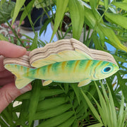 A hand holds a 5" long illustration of a green fish. It has striping down its body, large blue eyes, a wavy top fin, and a friendly, contented smile. This view shows the layers of plywood.
