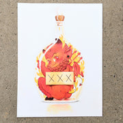 View of entire piece against cement background. Showing that it is a loose sheet of paper unframed. Close up of a kewpie doll style devil baby inside of a bottle of liquor, flipping the bird. They are engulfed in flames and are holding a pitchfork with the other hand and they have hooves and are furry with a curly beard. The bottle has XXX on it demarking that it is liquor.. The cork at the top is smoking.