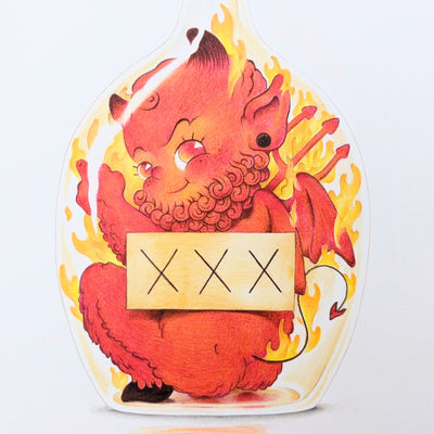 Close up of a kewpie doll style devil baby inside of a bottle of liquor, flipping the bird. They are engulfed in flames and are holding a pitchfork with the other hand and they have hooves and are furry with a curly beard. The bottle has XXX on it demarking that it is liquor.