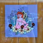 Graphic style illustration on purple paper of a nude pink cartoon style woman with orange hair and antennae and wings like an insect. It sits on a bed of flowers and mushrooms with stars behind.