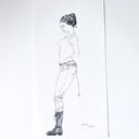 Line art illustration of a woman, standing with most but not all of her body rendered. She wears a tank top and jeans and looks off to the side. Her arm and back leg are not yet drawn.