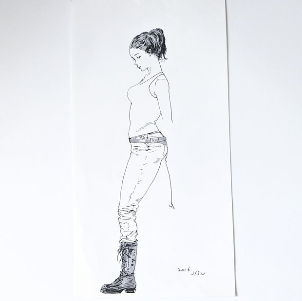Line art illustration of a woman, standing with most but not all of her body rendered. She wears a tank top and jeans and looks off to the side. Her arm and back leg are not yet drawn.