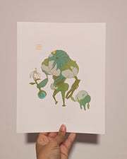 Risograph print of a overgrown plants on top of a robot, Levi from Scavenger's Reign. Levi holds hands with a smaller version of itself and a growing plant in the other hand.