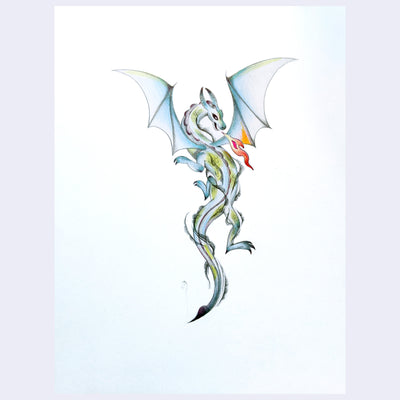 Colored pencil sketch of a dragon breathing out a flicker of fire.