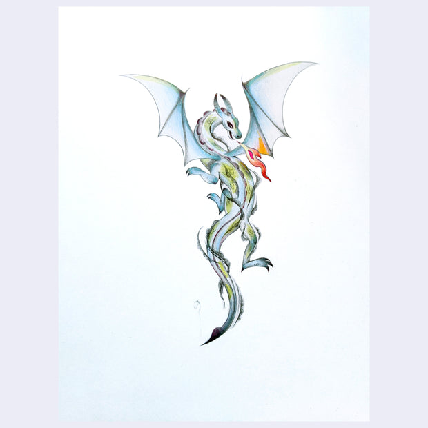 Colored pencil sketch of a dragon breathing out a flicker of fire.