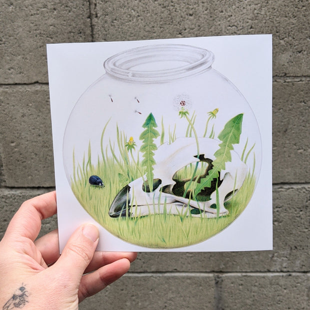 Illustration of a glass fishbowl, with grass growing inside and a bird skull, with weeds growing out of its head. A small bug stands nearby.