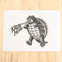 Ink illustration of a turtle-dinosaur creature, a kaiju monster, walking and holding a small pencil in its hand, a beam coming out from its mouth that reads "KAIJU MEMO"