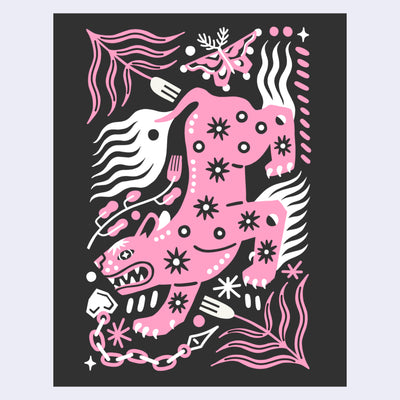 Solid color illustration of a pink panther, with elements akin to folk art. It has sharp teeth, white fur coming from its tail and legs. 
