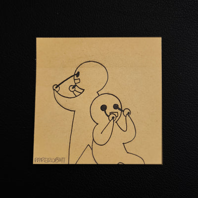 Pen illustration on tan post it with 2 characters pulling their eyes of their heads.