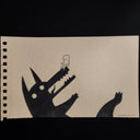 Marker illustration on tan paper of a black silhouette monster with a character sitting atop the nose.