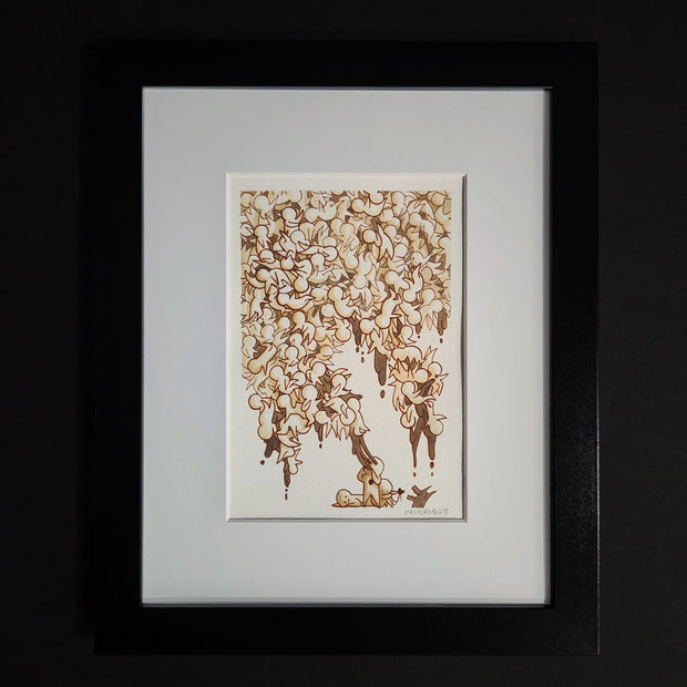 Sepia toned illustration of many simple characters, all stuck to one another and dripping. At the bottom of the scene is a figure standing, pulling the drips off its face.