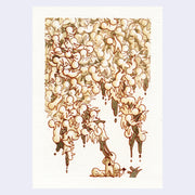 Sepia toned illustration of many simple characters, all stuck to one another and dripping. At the bottom of the scene is a figure standing, pulling the drips off its face.