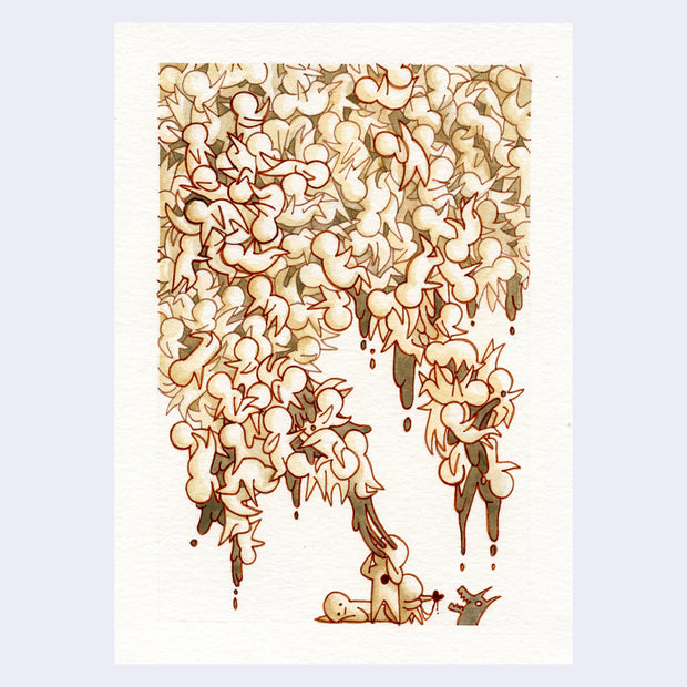 Sepia toned illustration of many simple characters, all stuck to one another and dripping. At the bottom of the scene is a figure standing, pulling the drips off its face.