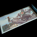 Painting of the Iron Giant, sitting on the ground of a junkyard cross legged. It has an apple sign on its chest and a little boy looks onwards at him.