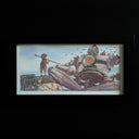 Painting of the Iron Giant, sitting on the ground of a junkyard cross legged. It has an apple sign on its chest and a little boy looks onwards at him.