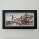 Painting of the Iron Giant, sitting on the ground of a junkyard cross legged. It has an apple sign on its chest and a little boy looks onwards at him.