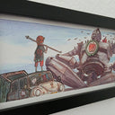 Painting of the Iron Giant, sitting on the ground of a junkyard cross legged. It has an apple sign on its chest and a little boy looks onwards at him.