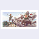 Painting of the Iron Giant, sitting on the ground of a junkyard cross legged. It has an apple sign on its chest and a little boy looks onwards at him.