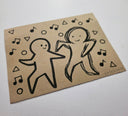 Hand-drawn illustration of two people dancing on a kraft paper background with musical notes and shapes.